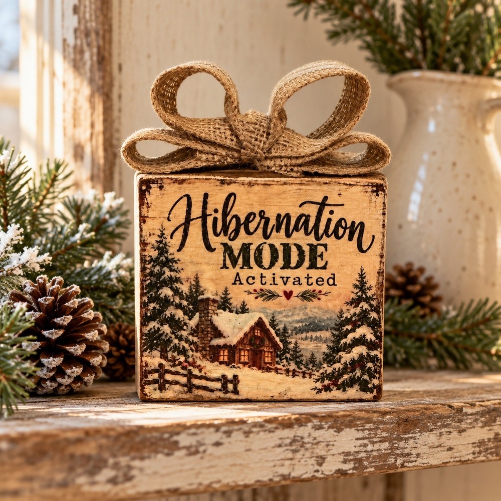 Handmade Hibernation Mode Activated Wood Block Sign Winter Cabin Decor 4x4